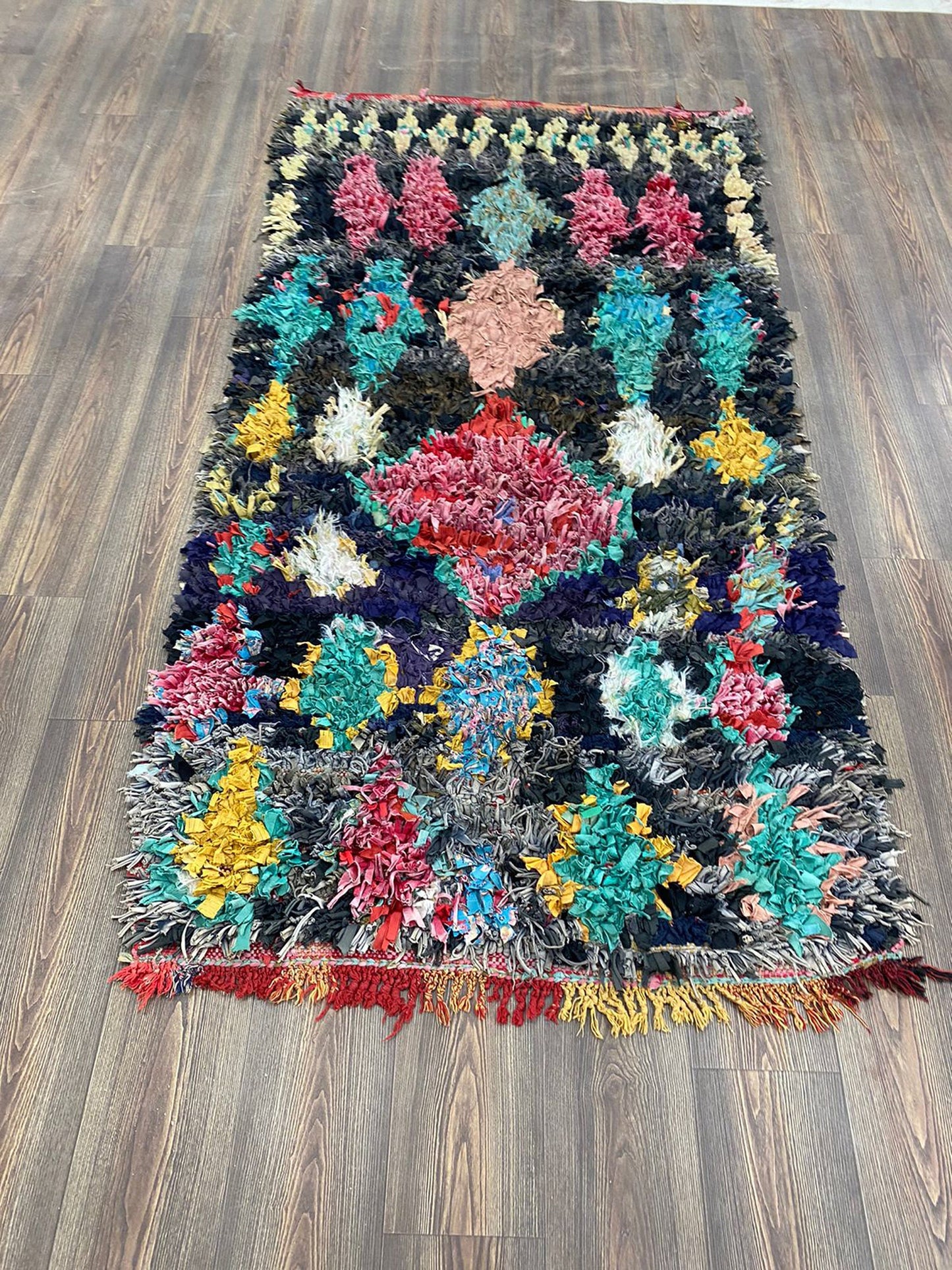 4 x 8 Boucherouite Moroccan colorful diamond Shag Rug, Vintage area Rugs.
