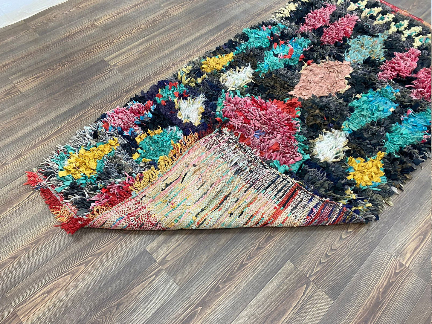 4 x 8 Boucherouite Moroccan colorful diamond Shag Rug, Vintage area Rugs.