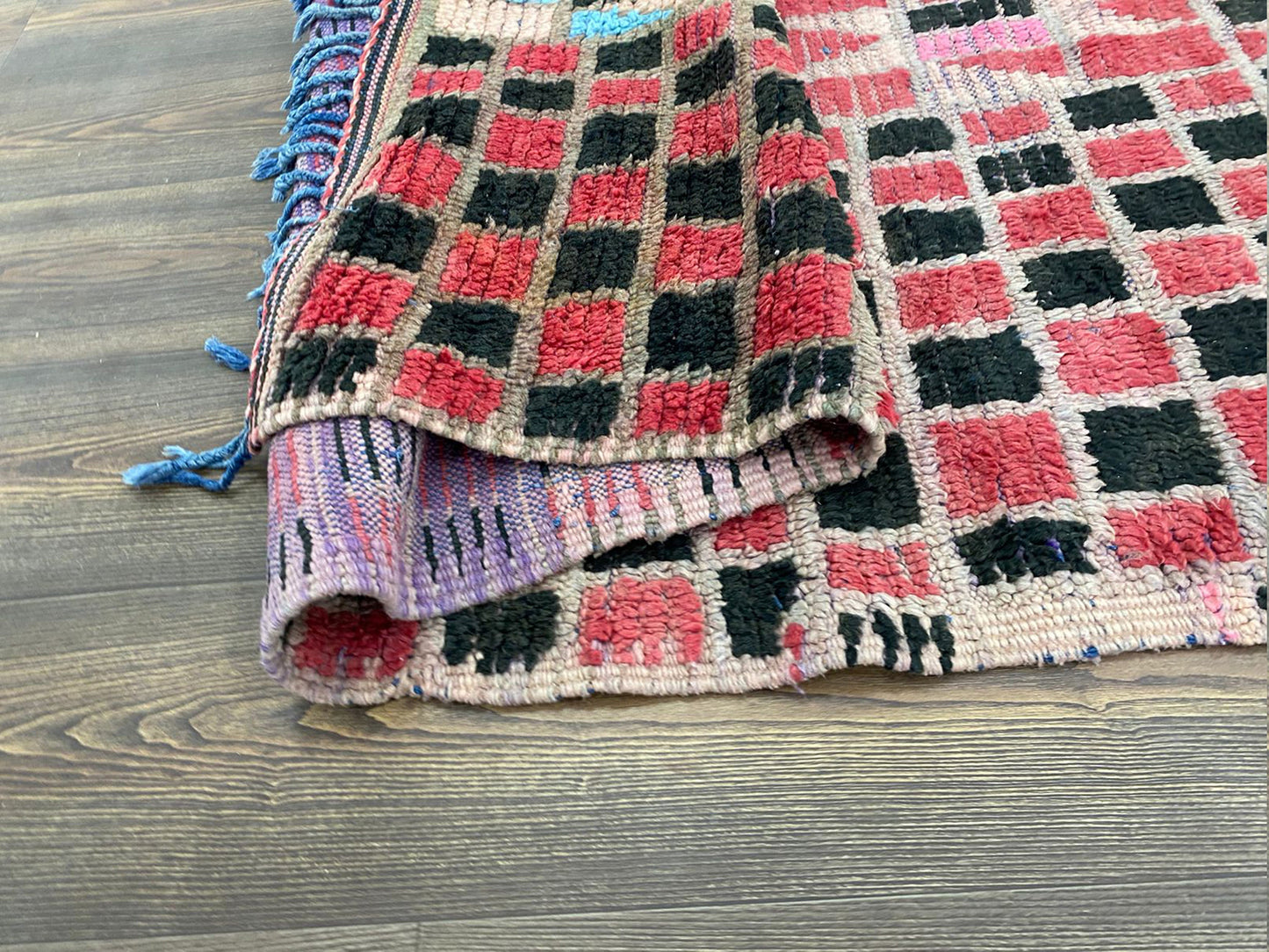 4 By 8 ft vintage Berber unique Rugs, Moroccan red black checkered runner Rug.