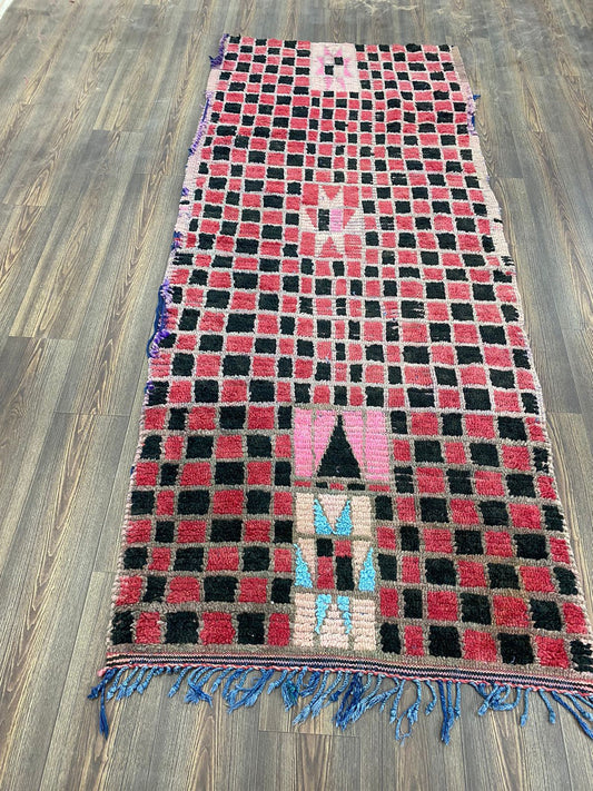 4 By 8 ft vintage Berber unique Rugs, Moroccan red black checkered runner Rug.
