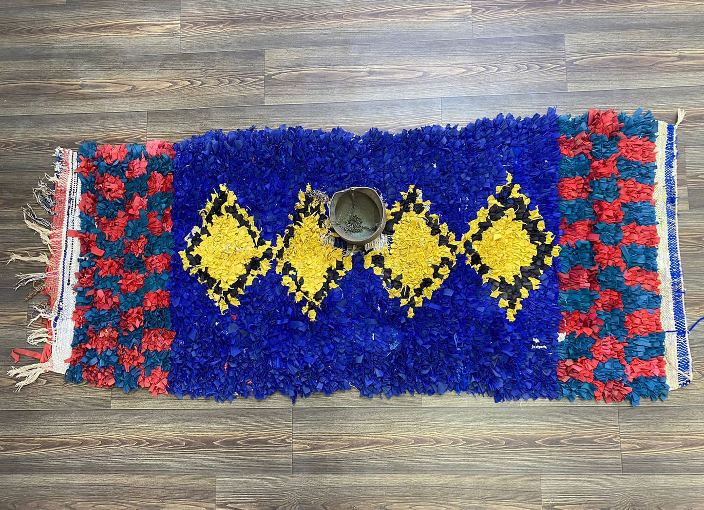 3x7 Boucherouite Narrow vintage runner Rugs, Moroccan Handwoven Recycled Materials Rug.