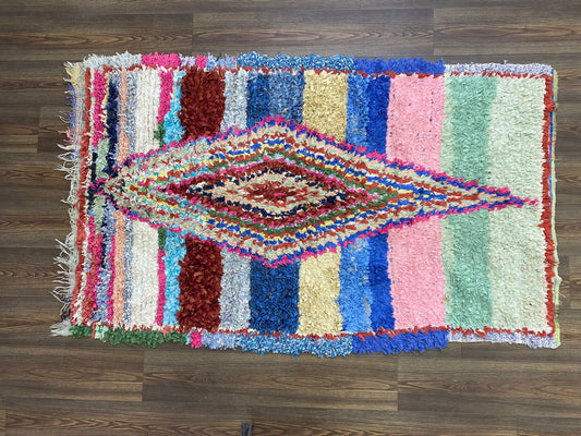 Small area Boucherouite Rugs, 3x6 Moroccan Berber Hand Woven vintage Shag Rug.