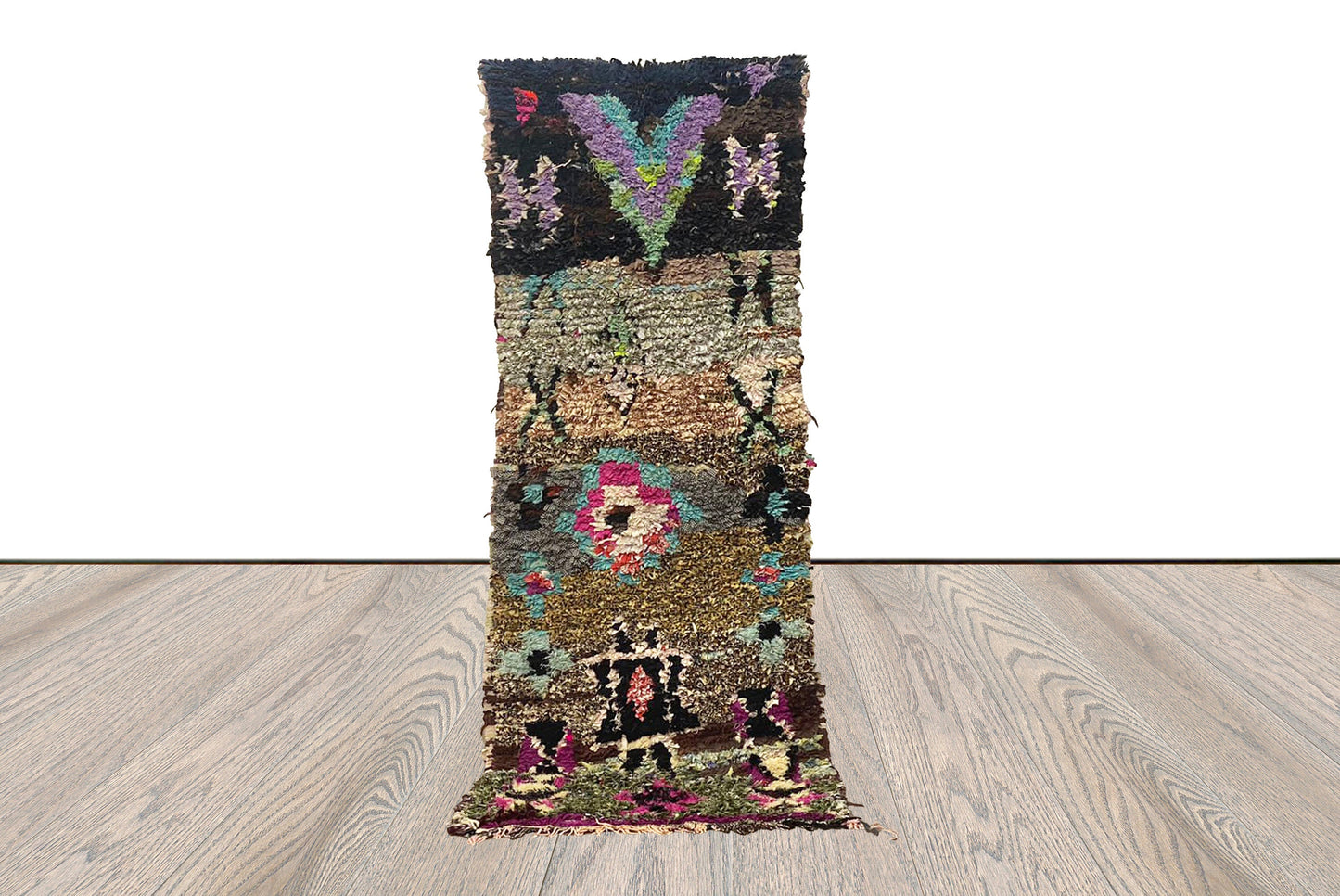 3x8 Moroccan Handwoven Vintage Boucherouite narrow runner Rug.