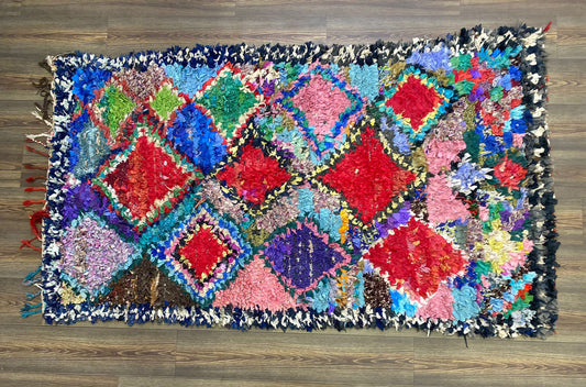 Old Rare Vintage Unique Berber Rug, 4x7, Moroccan rug - Used Diamond Woven Shag Rug.