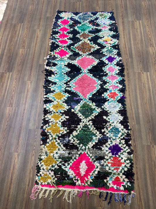 Handwoven Vintage Boucherouite runner Rug, Moroccan Diamond Old Rare Unique Rugs 4x9.