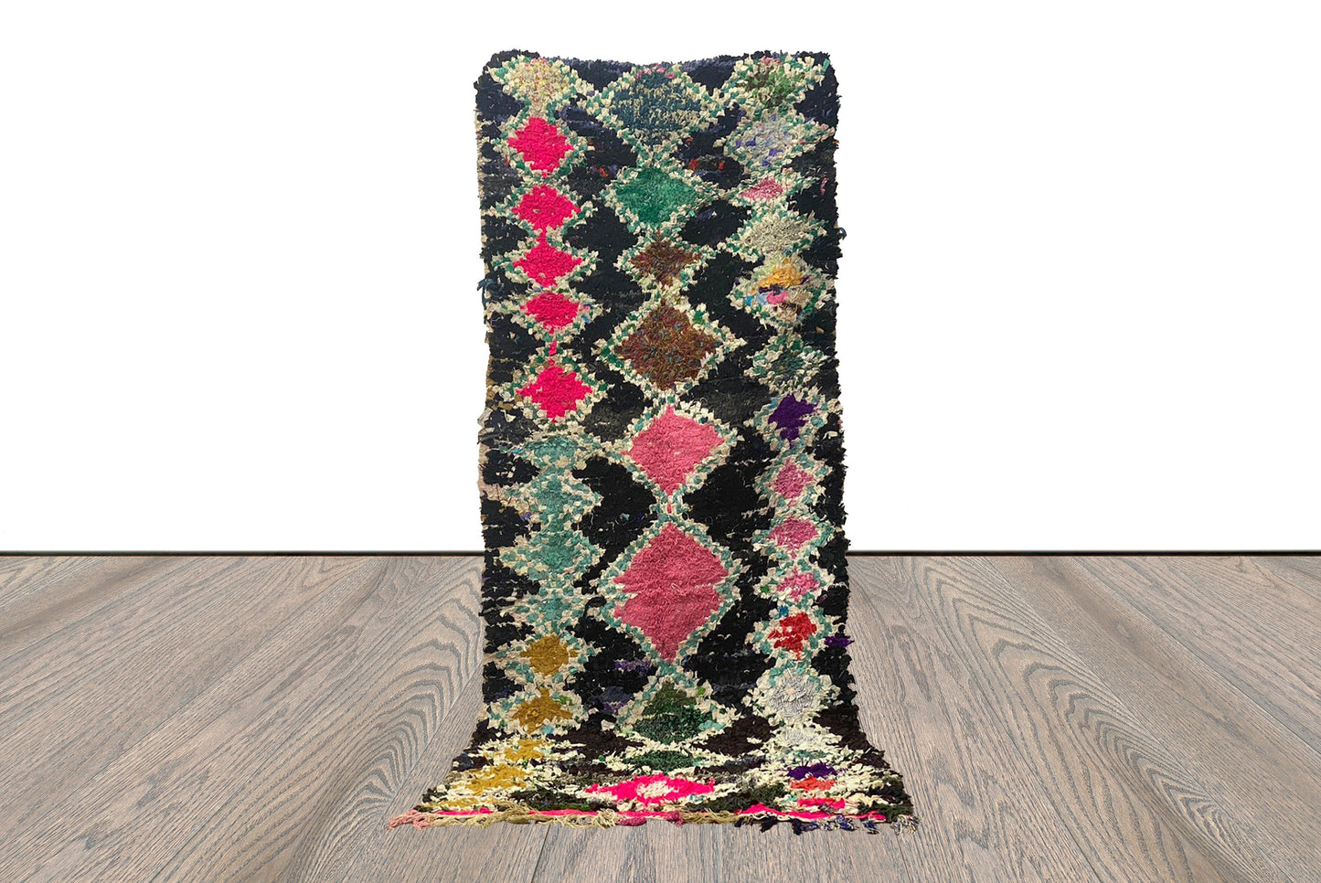 Handwoven Vintage Boucherouite runner Rug, Moroccan Diamond Old Rare Unique Rugs 4x9.