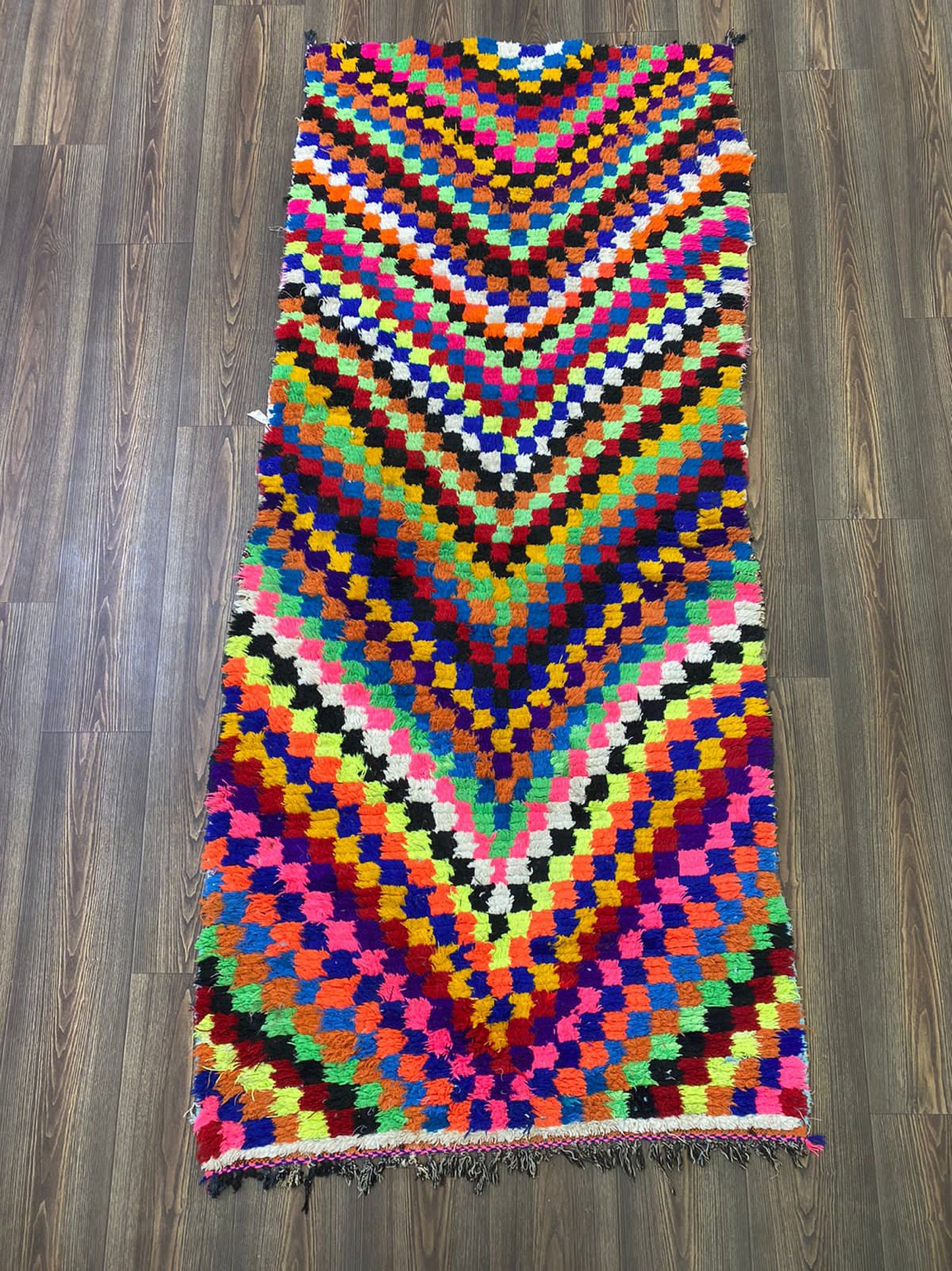 Moroccan Berber vintage handwoven checkered colorful runner rug. 3x7 ft.