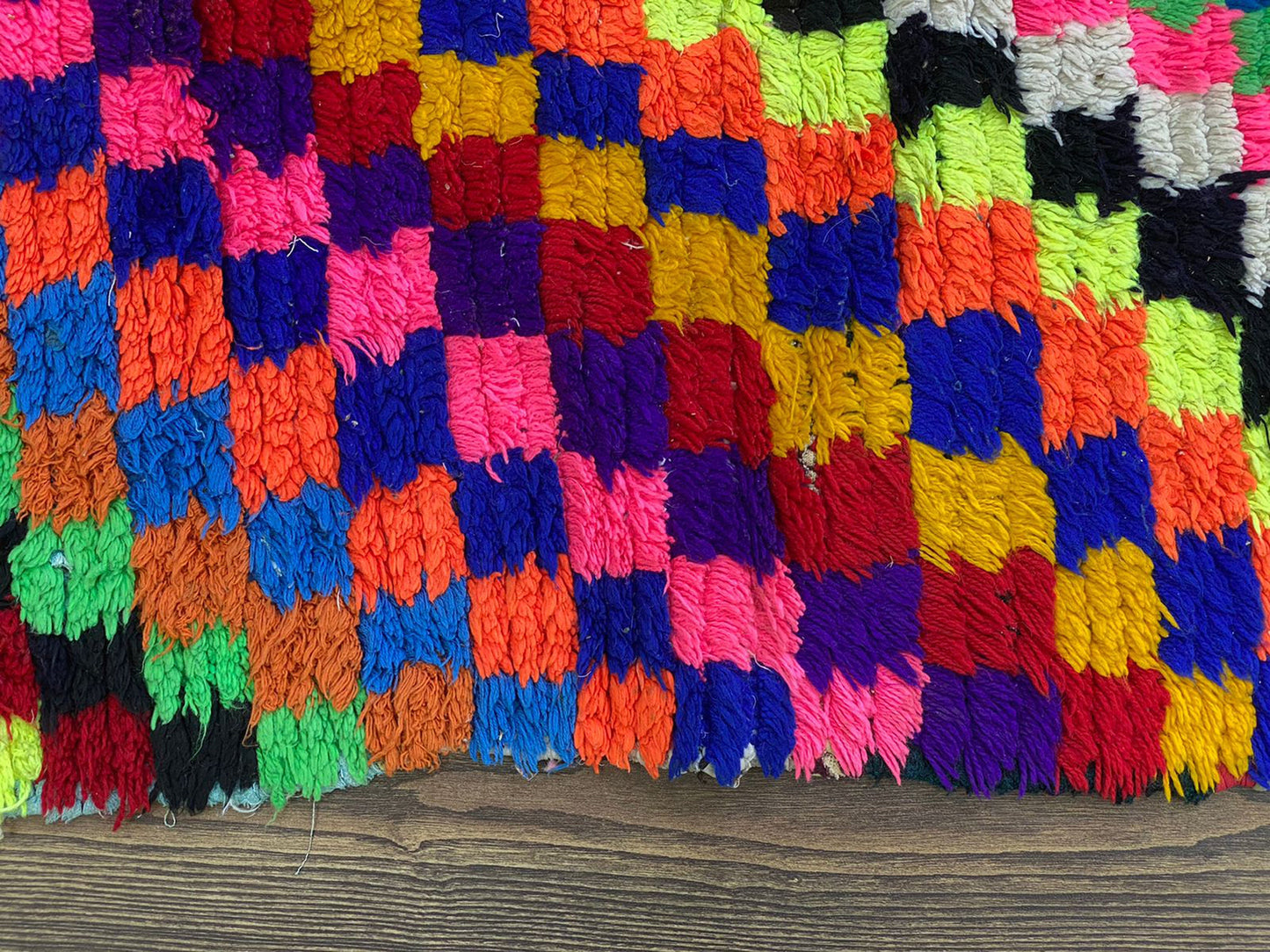 Moroccan Berber vintage handwoven checkered colorful runner rug. 3x7 ft.