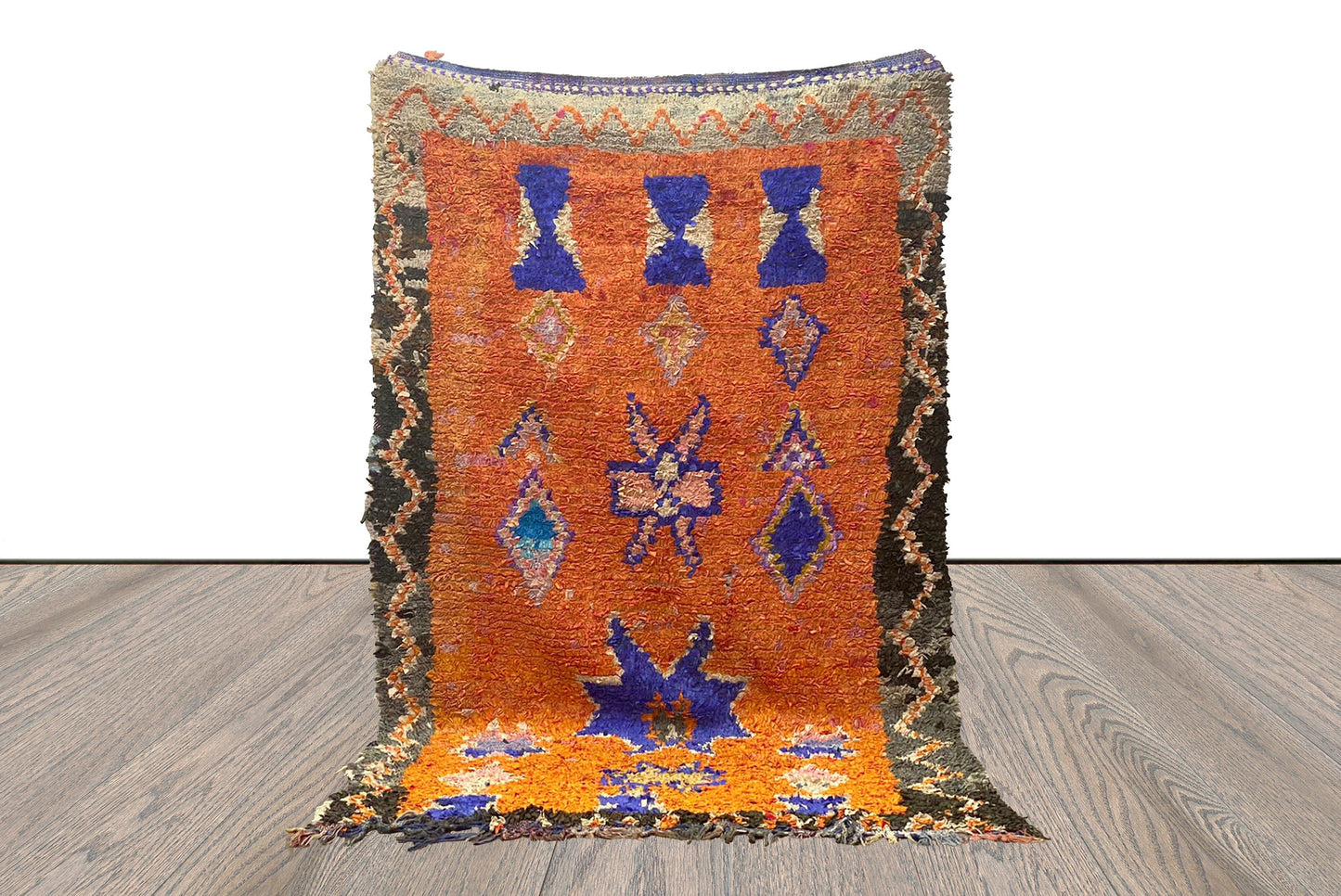 5 By 9 Boucherouite vintage Handwoven large Carpet Orange Moroccan.