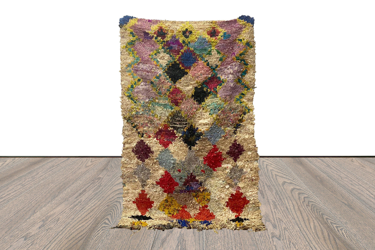 3x6 Boucherouite vintage used Berber Moroccan woven colored Diamond Small area Rug.
