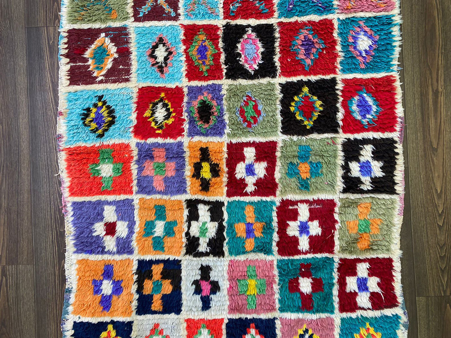 Vintage Small area Rugs, 4x7 Moroccan Rare Old woven Grid Colored Rug.