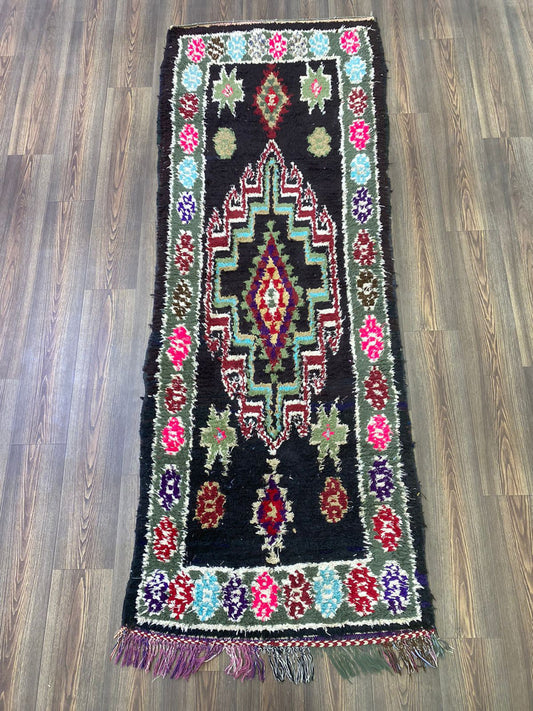 3x8 Berber unique Vintage Moroccan Black runner Rug.