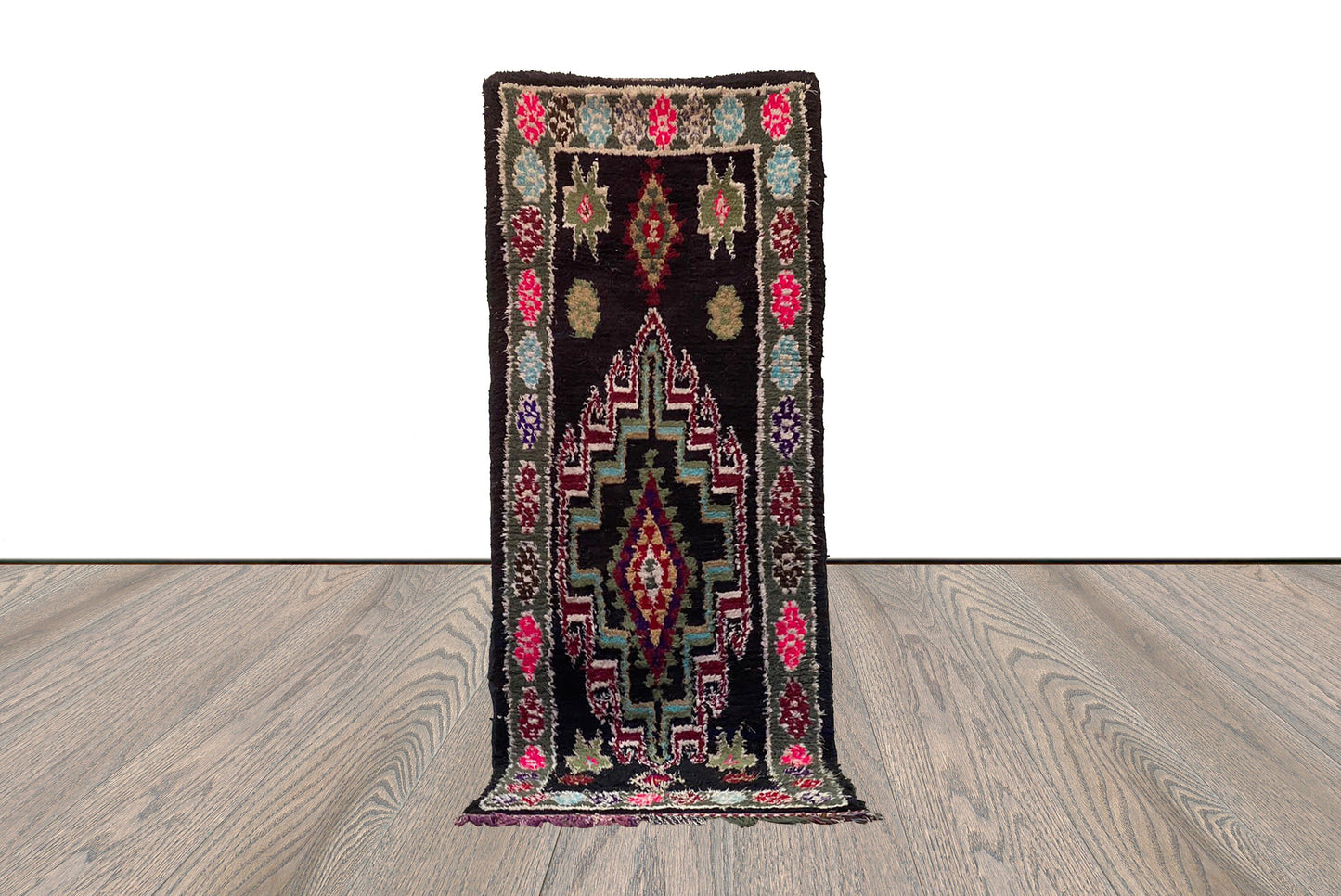 3x8 Berber unique Vintage Moroccan Black runner Rug.