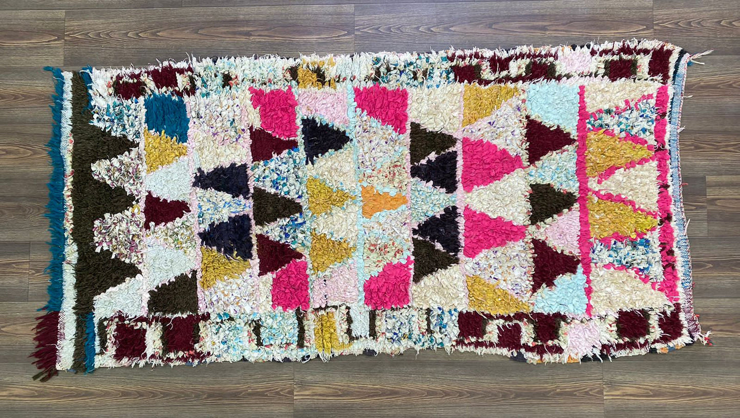 Runner Boucherouite vintage rug, 3x7 FT, Berber Moroccan Handwoven unique colored Rug.