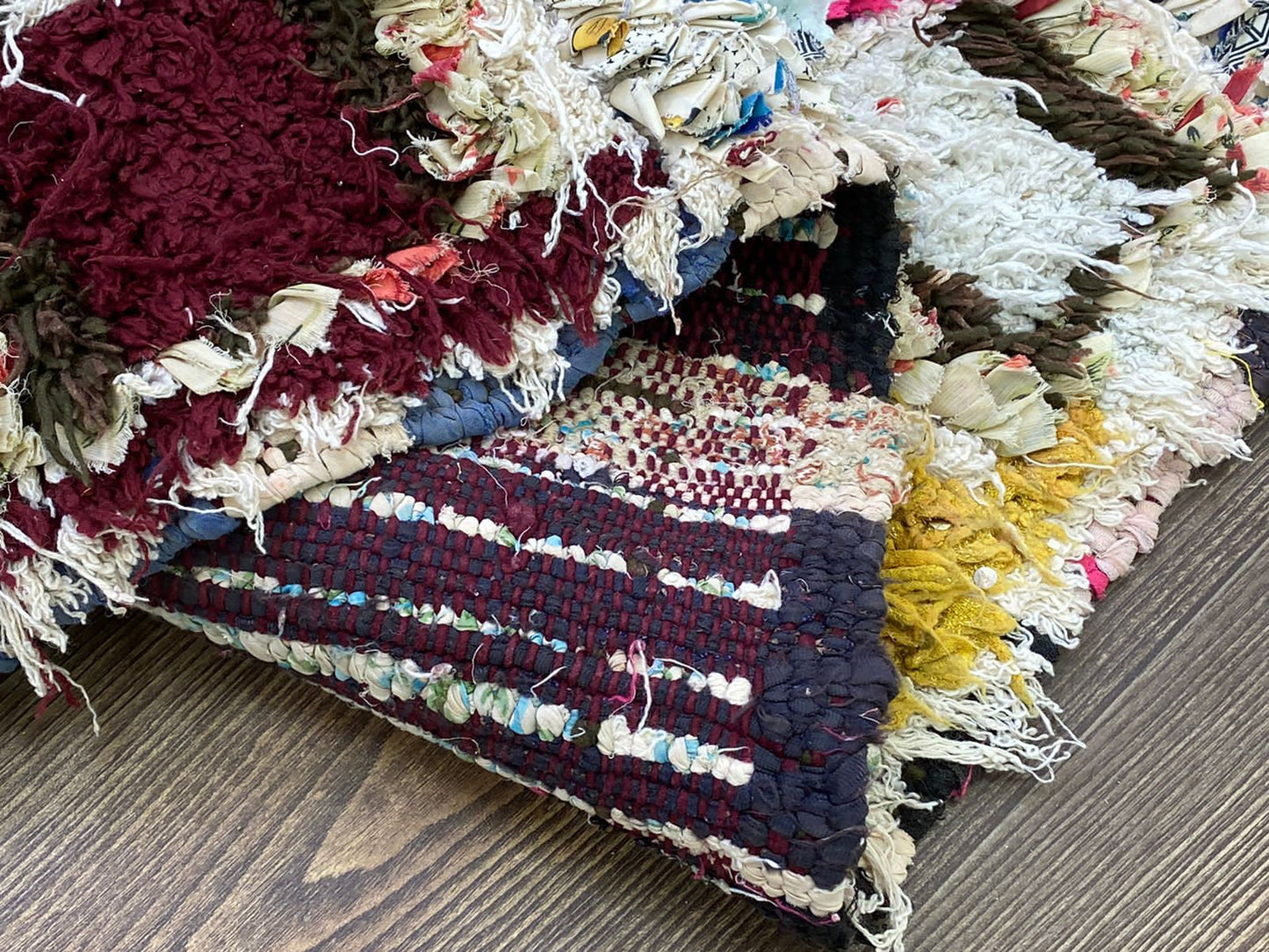 Runner Boucherouite vintage rug, 3x7 FT, Berber Moroccan Handwoven unique colored Rug.