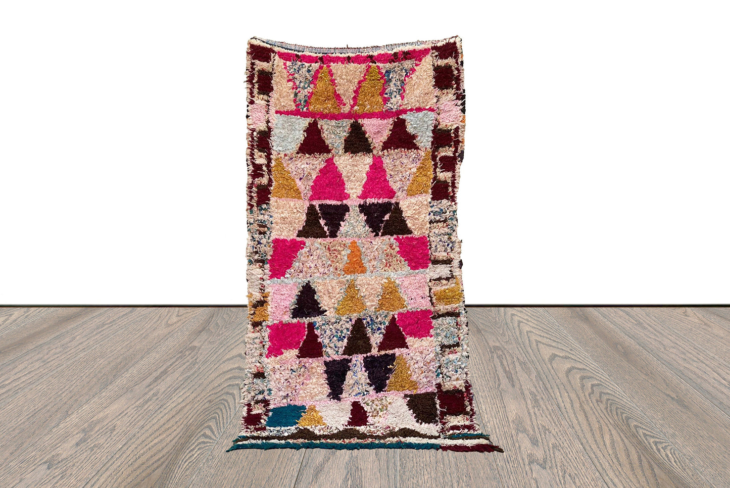Runner Boucherouite vintage rug, 3x7 FT, Berber Moroccan Handwoven unique colored Rug.