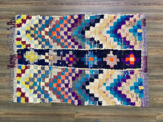 4 By 6 Checkered Chevron Colorful vintage small area Rug, Moroccan Berber woven Rugs.