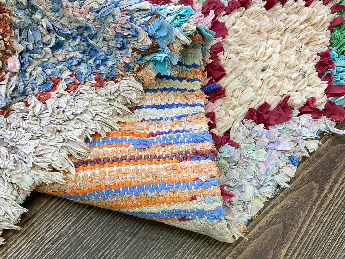 3 By 6 Boucherouite vintage Moroccan small Runner rugs, Berber Handwoven unique Diamond colored Rug.