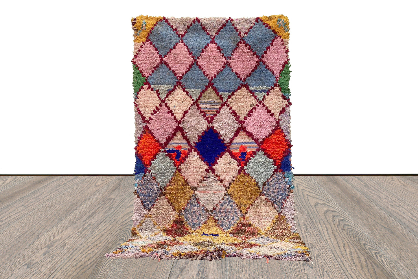 3 By 6 Boucherouite vintage Moroccan small Runner rugs, Berber Handwoven unique Diamond colored Rug.