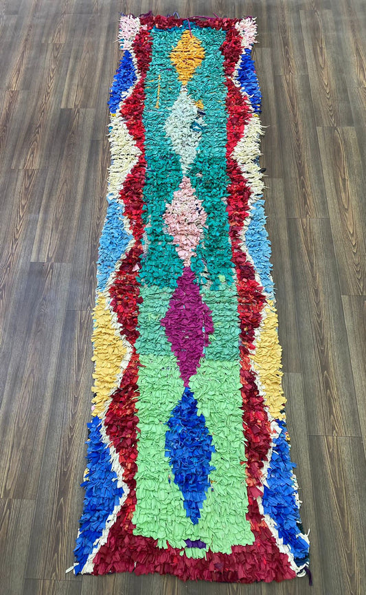 Boucherouite Hand Woven long Narrow runner Rugs, 2x10 Moroccan Berber vintage Colored Rug.
