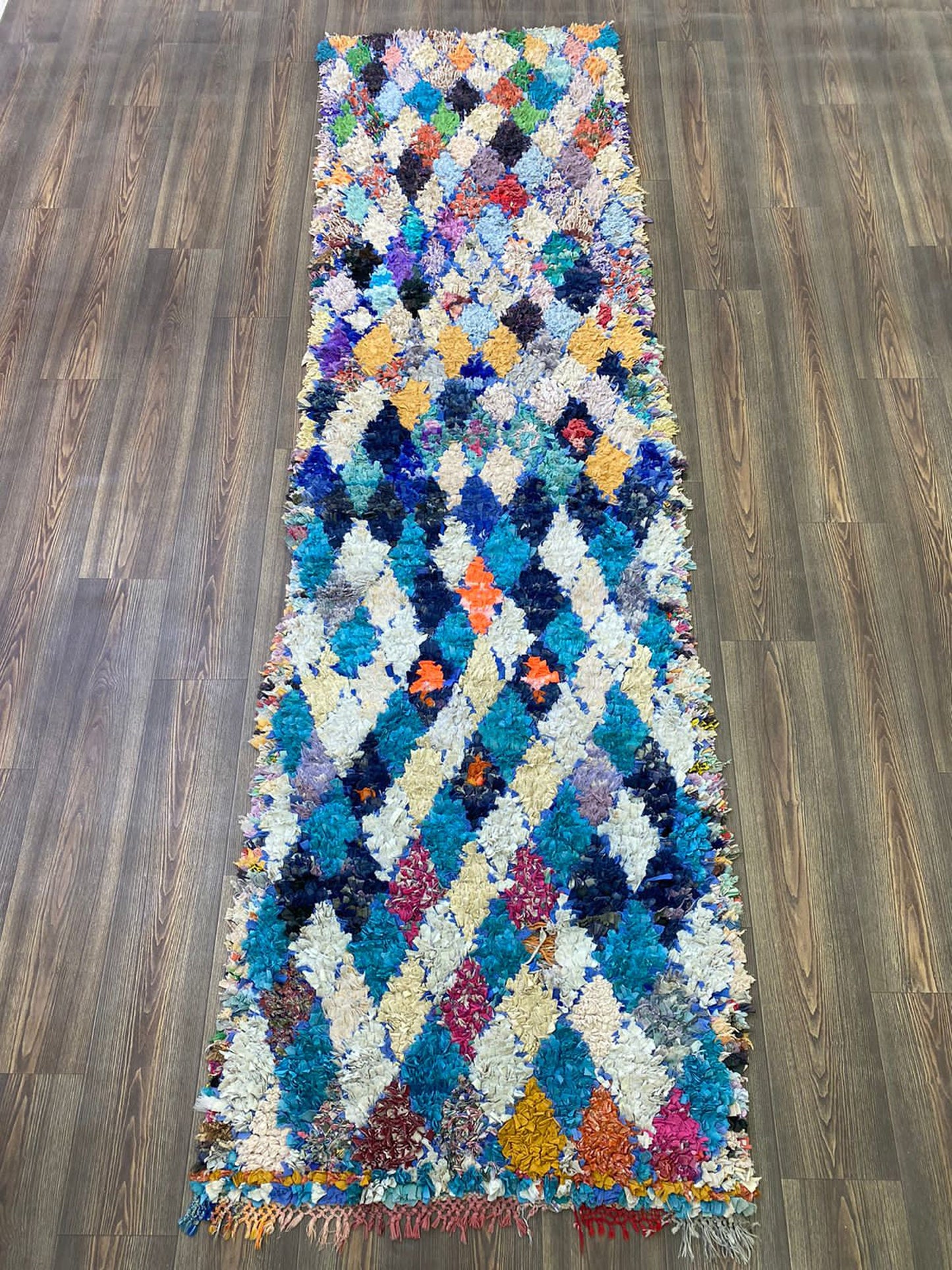 Moroccan Berber vintage Diamond Colored Rug. 2x10 Hand Woven Boucherouite long runner Rugs.