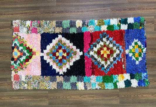 Vintage Unique Old Rare Moroccan woven Boucherouite small Rugs, 3 By 6 Berber shag runner Rug.