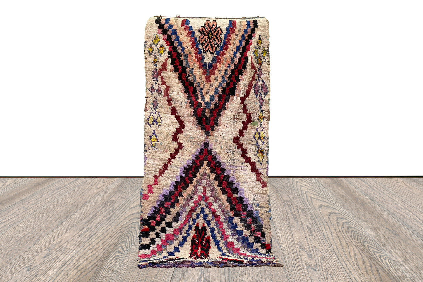 3x7 Vintage Moroccan chevron small area Rug, Berber Boucherouite shag Rug.