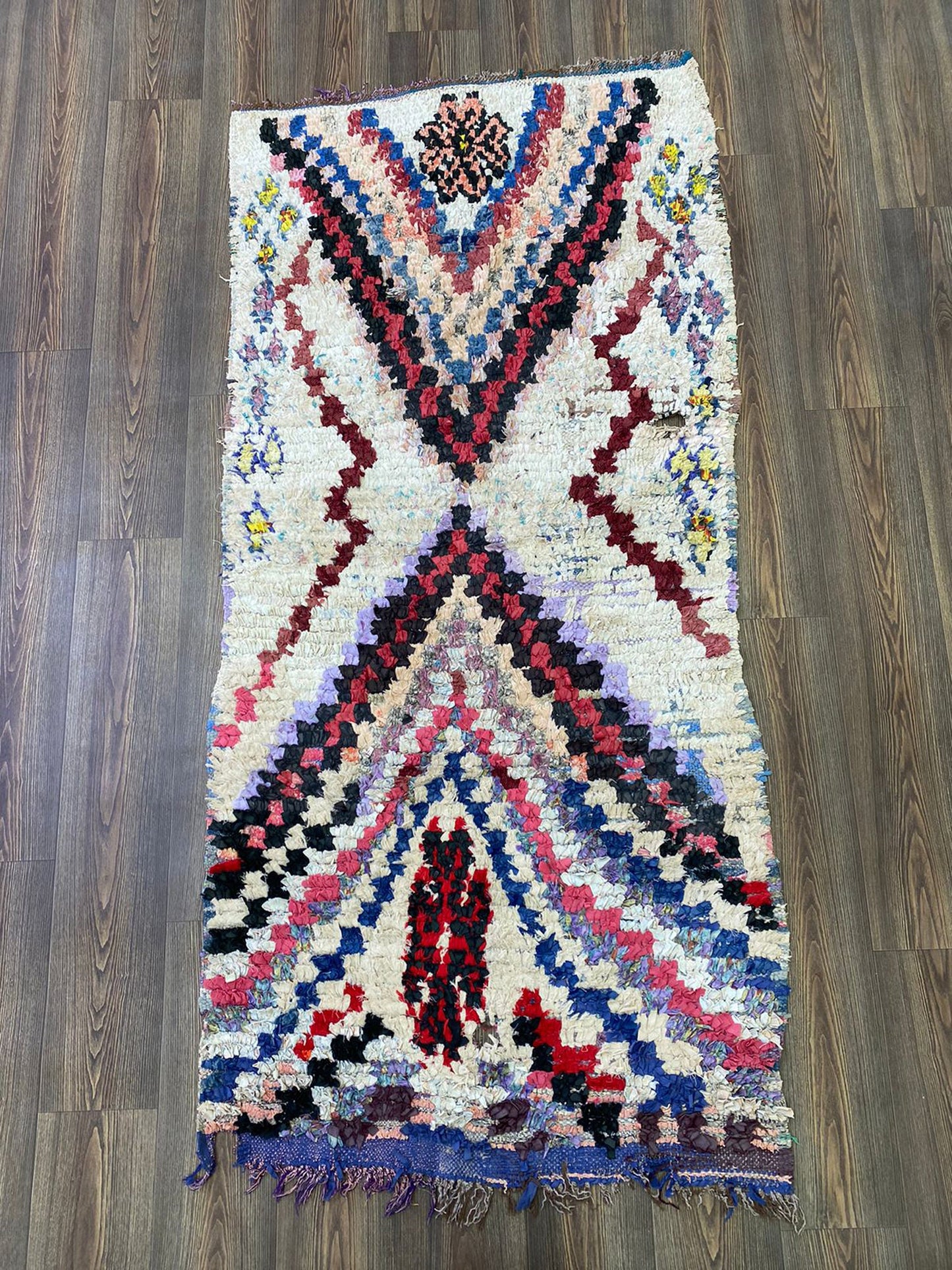 3x7 Vintage Moroccan chevron small area Rug, Berber Boucherouite shag Rug.