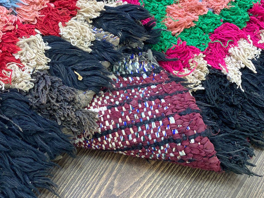 Boucherouite Berber runner Rug, 3x8 Moroccan Vintage woven Diamond Rug.