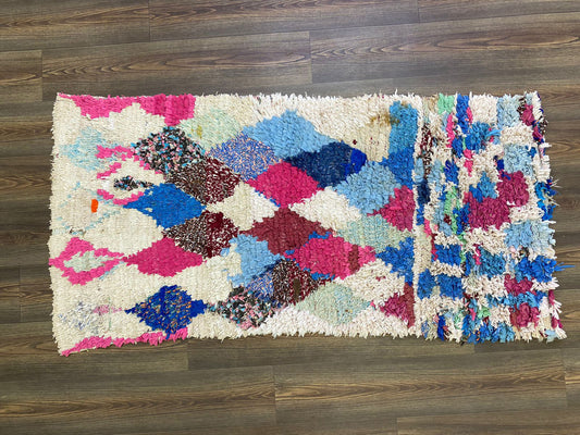 Boucherouite Hand Woven colorful Diamond runner Rugs, 3x6 Moroccan vintage Berber Rug.