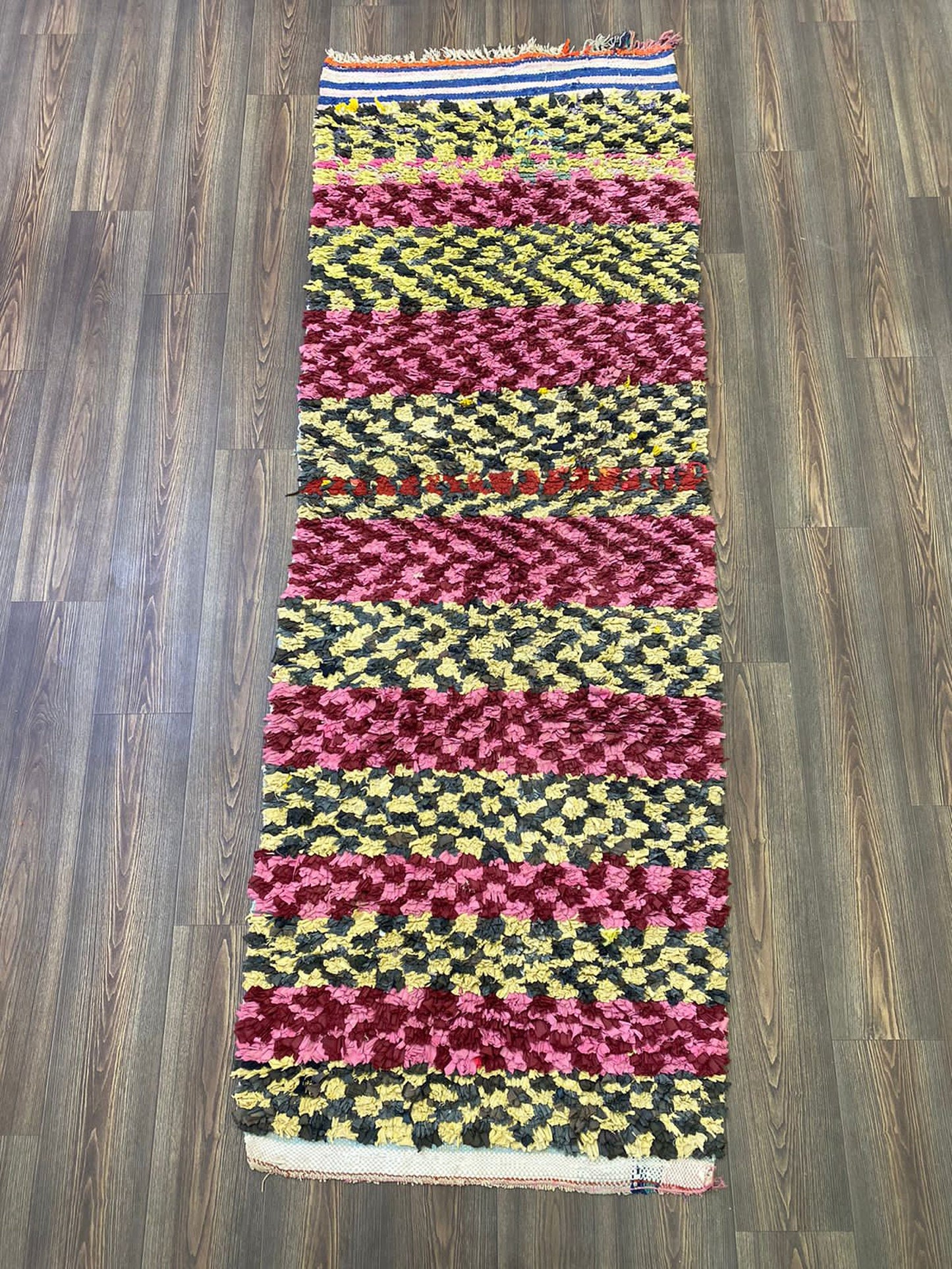 3x8 Checkered colorful Vintage Boucherouite runner Rugs, Moroccan Berber checker Rug.