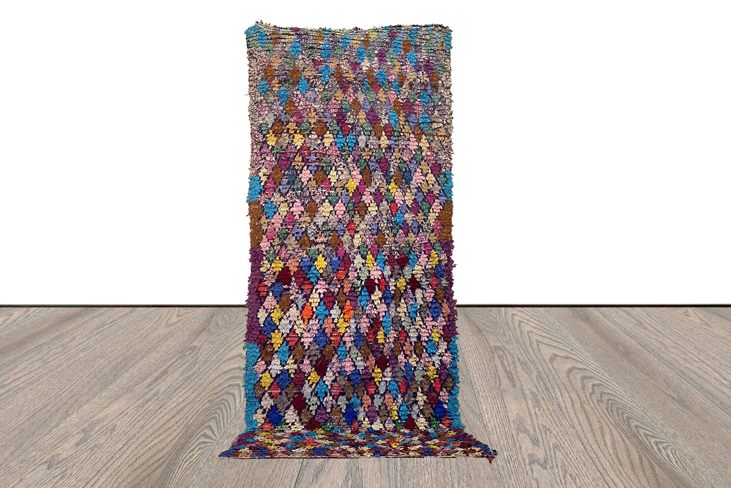 Boucherouite rug, vintage runner rugs, 3x8 FT, handwoven Diamond Colorful Rug, Moroccan Berber Rugs.