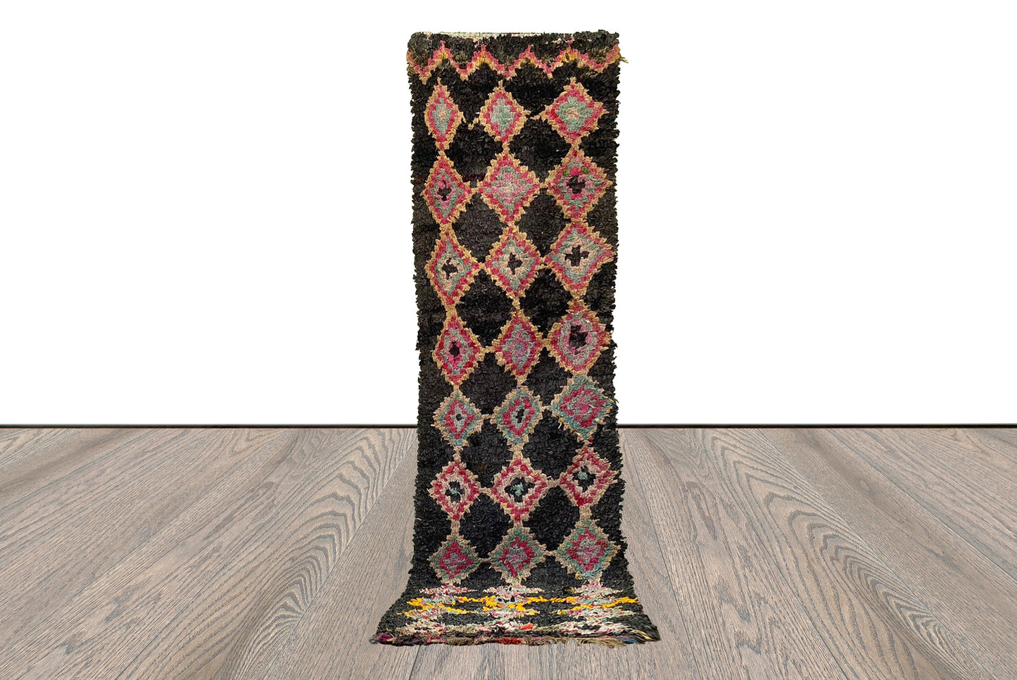 Long narrow runner Boucherouite Dimond colorful Rug, 3x10 Moroccan vintage narrow runners Rugs.