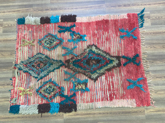 Small Moroccan vintage Faded rug, 4x5 Handwoven Berber area rug.