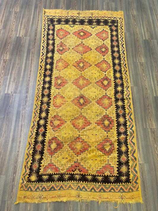 4x9 Vintage Moroccan Yellow Rugs, Large runner Rug.