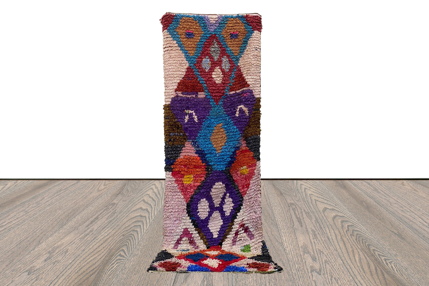 Moroccan Vintage rug, 3x7 FT, narrow Boucherouite colorful runner Rugs, Diamond colored Shag Rug.