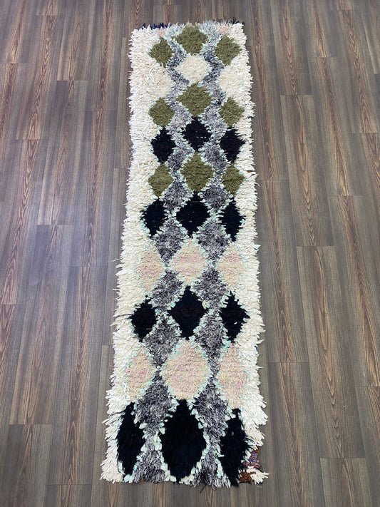 White runner Diamond Colorful Rugs. 2x9 Boucherouite vintage Rugs, Handwoven Berber Moroccan Rug.