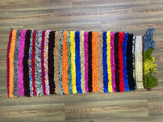 Tapis marocain à rayures Boucherouite 3x6, petit tapis de couloir vintage coloré.