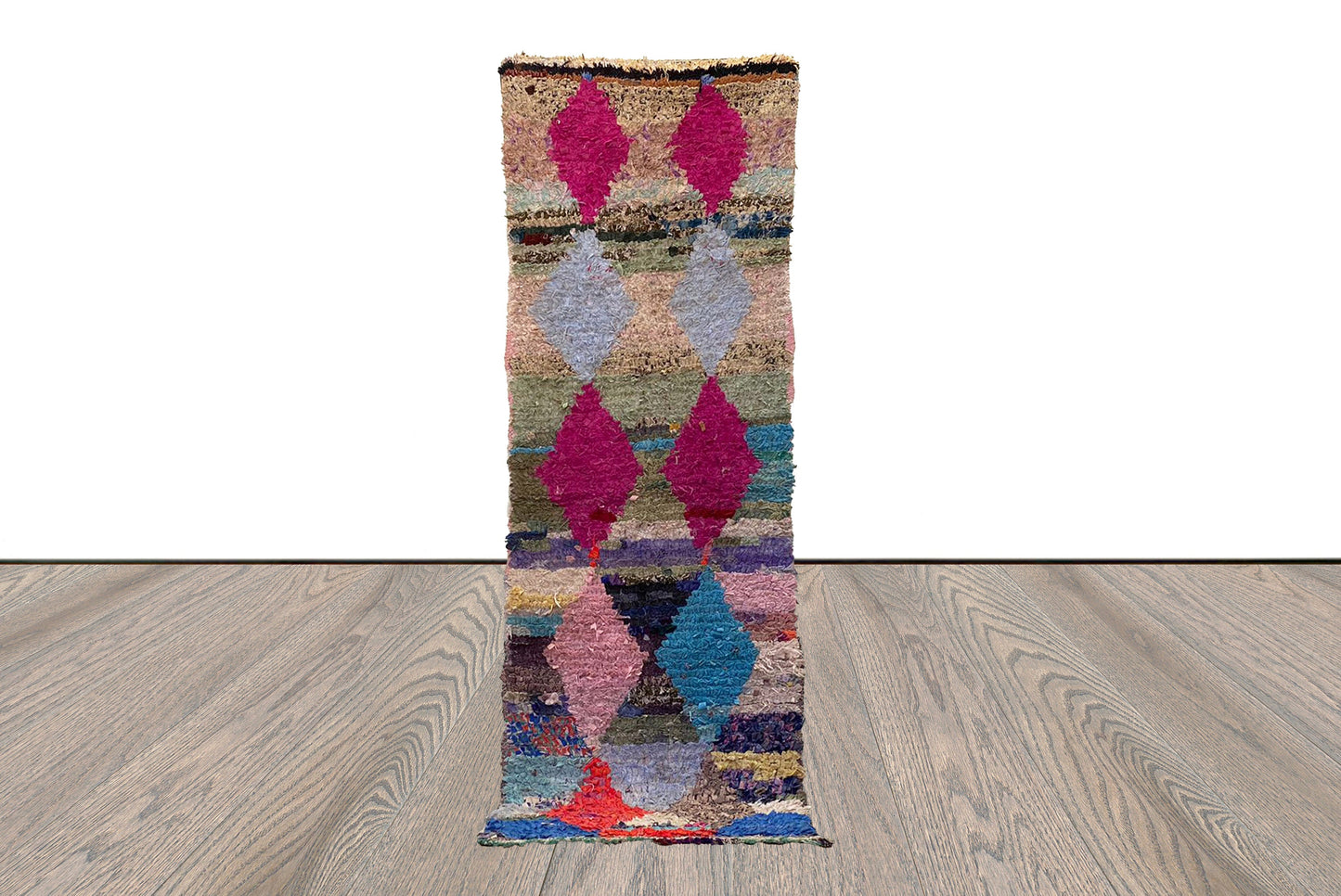 Berber woven Diamond vintage Rug. 2x7 Moroccan narrow runner Rugs.