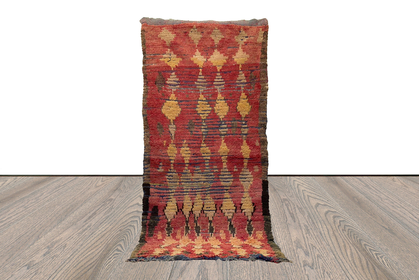 4x9 Moroccan Berber vintage Faded Red and Yellow Diamond Rug.