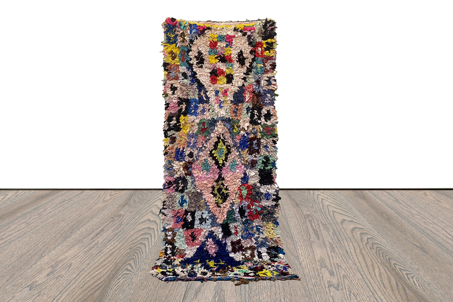 Moroccan vintage Colorful shag runner Boucherouite rug 3x8.