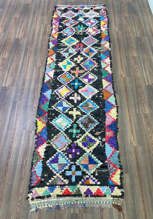 Tapis de couloir coloré extra long Boucherouite Dimond 3x11, grands tapis de couloir vintage marocains.