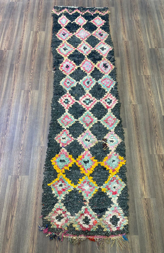Long narrow runner Boucherouite Dimond colorful Rug, 3x10 Moroccan vintage narrow runners Rugs.