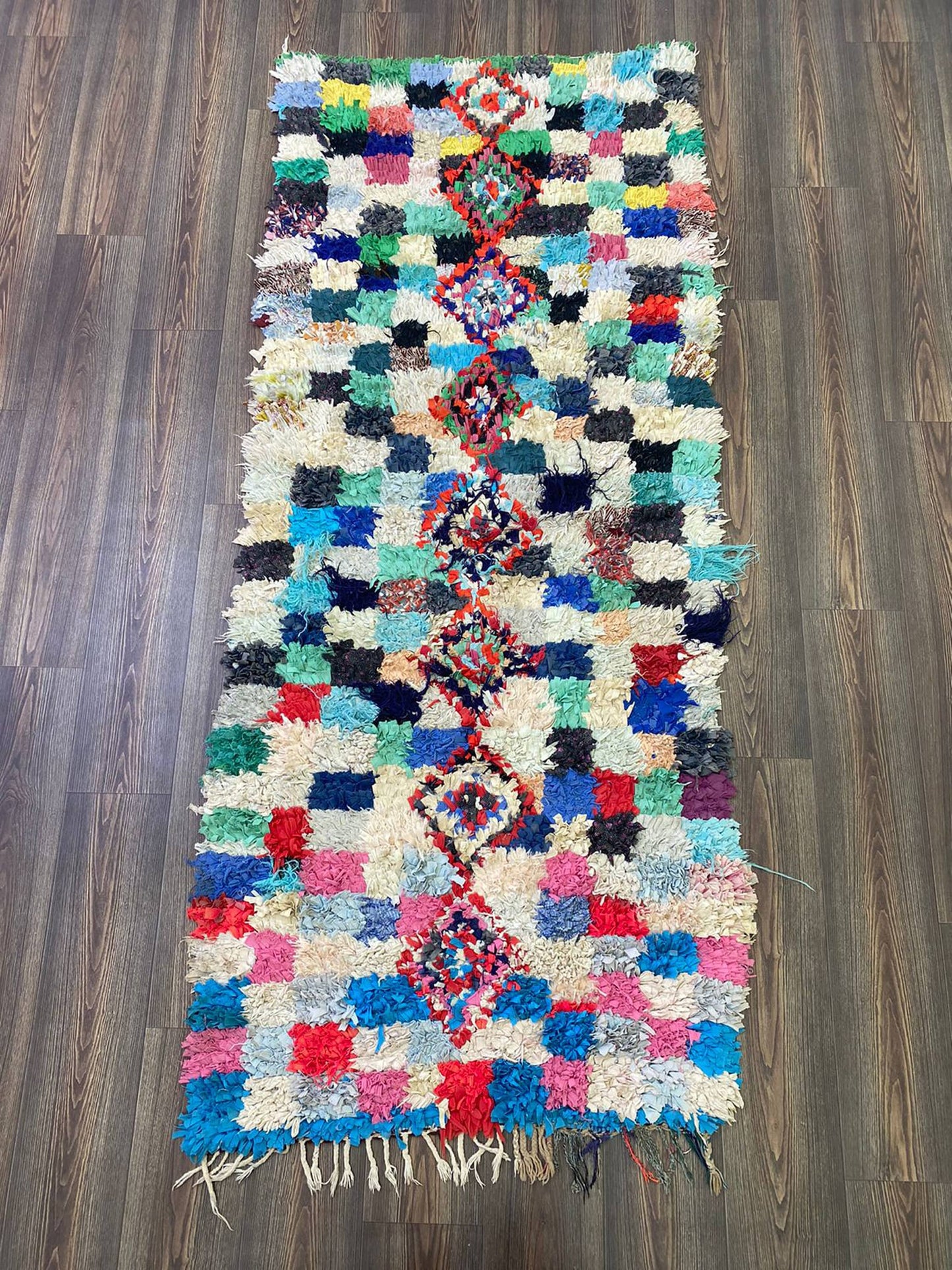 Moroccan Vintage Checkered Runners Rugs, Berber Boucherouite runner Rug 3x8.