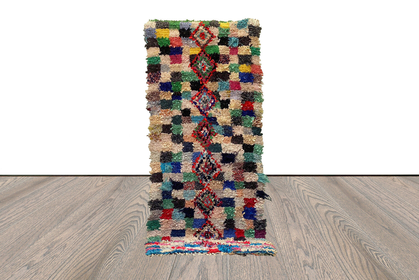 Moroccan Vintage Checkered Runners Rugs, Berber Boucherouite runner Rug 3x8.