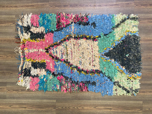 Vintage Small Boucherouite narrow runner Rug. 3x5 Moroccan Handwoven Berber Rugs.