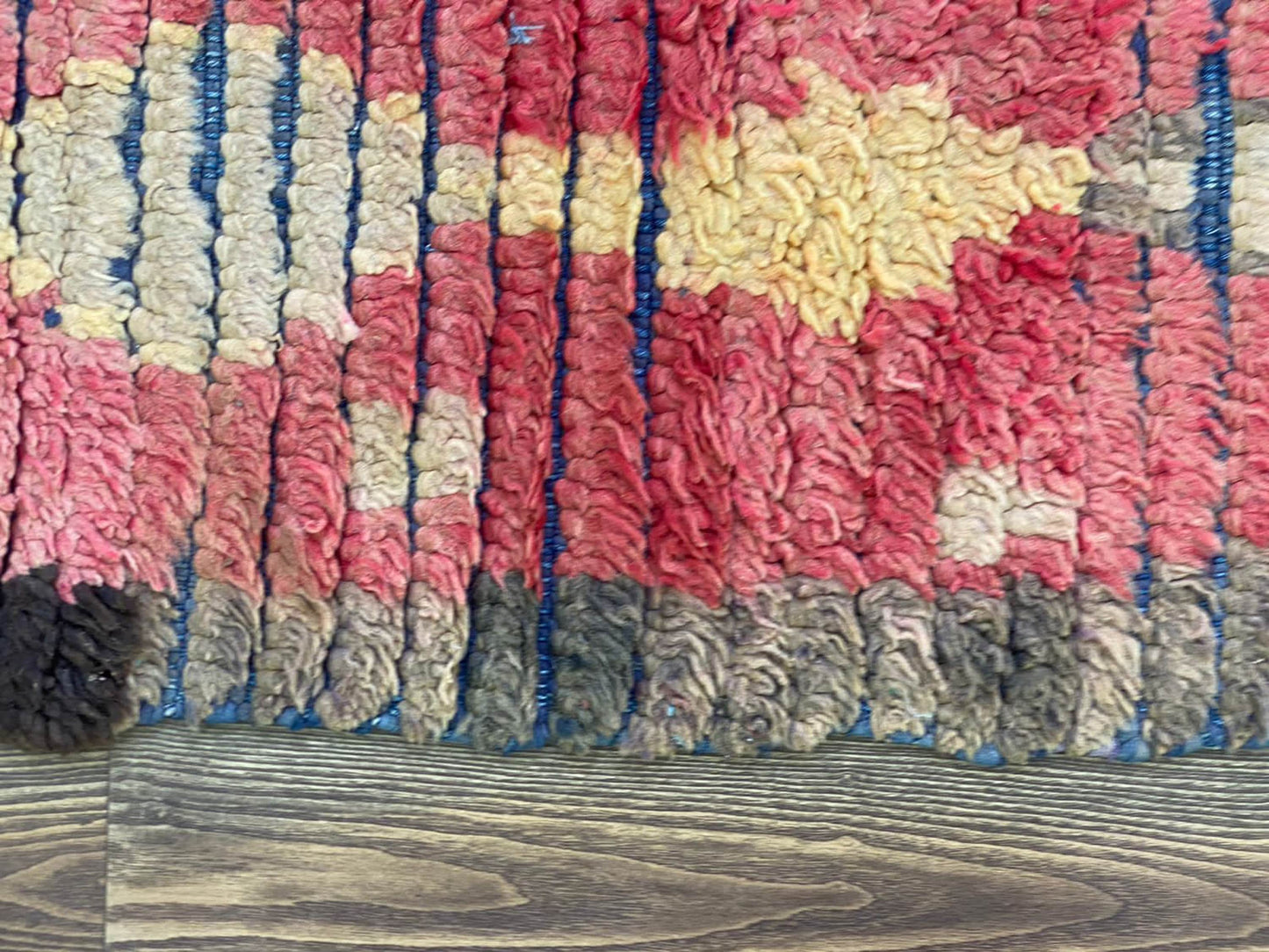4x9 Moroccan Berber vintage Faded Red and Yellow Diamond Rug.