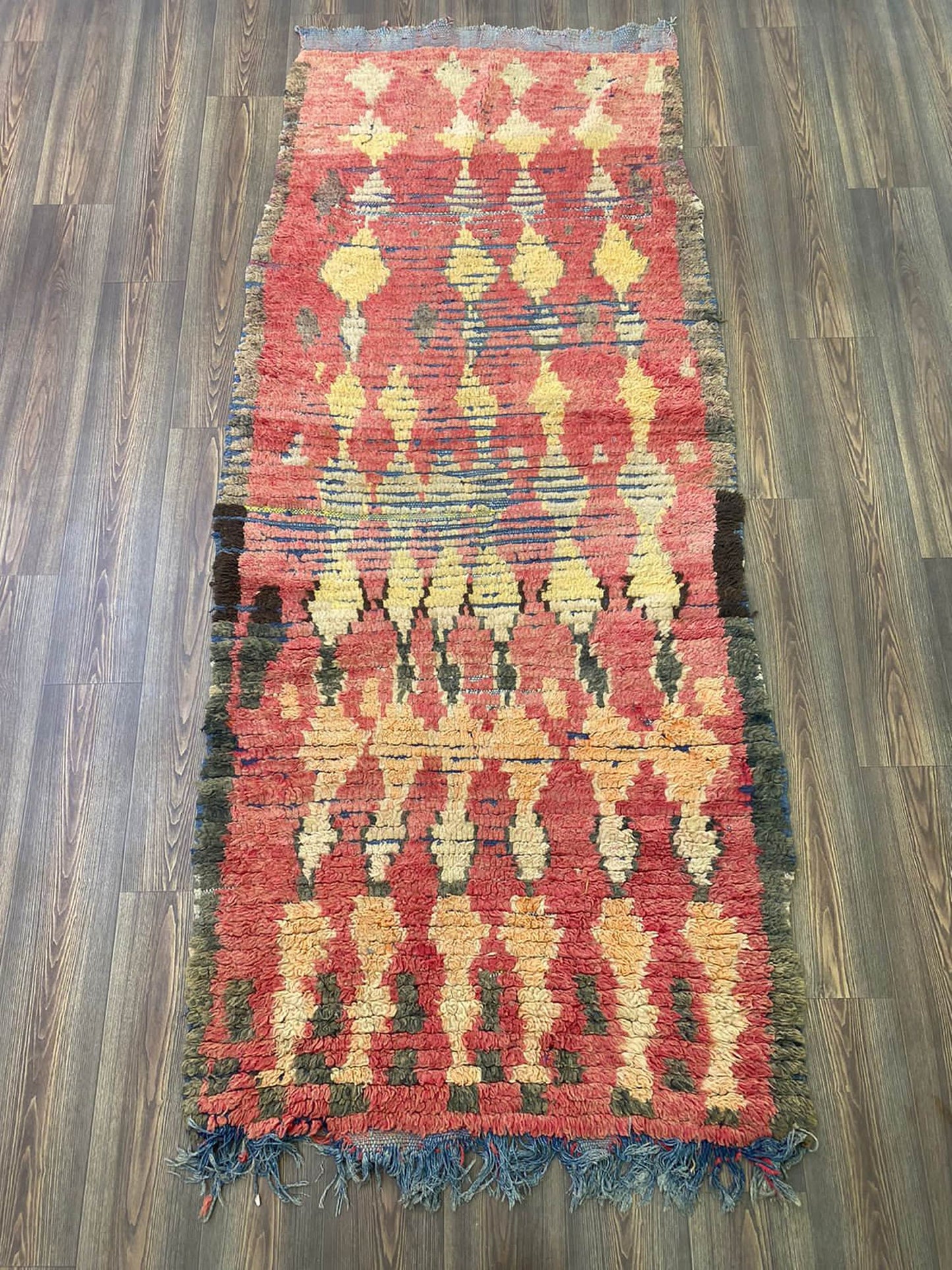 4x9 Moroccan Berber vintage Faded Red and Yellow Diamond Rug.