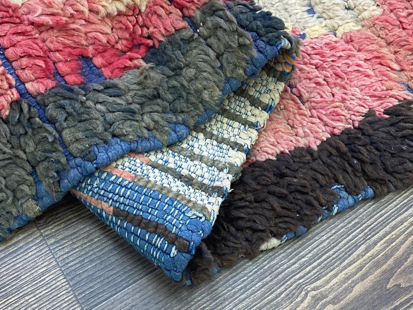 4x9 Moroccan Berber vintage Faded Red and Yellow Diamond Rug.