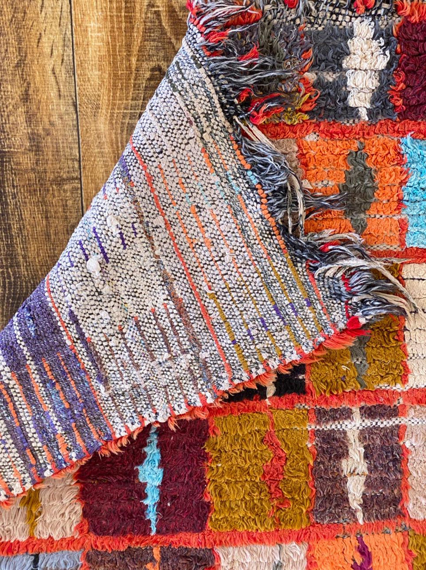 3x6 Moroccan vintage Berber Handwoven Rug. Grid orange and squares colorful Rug.